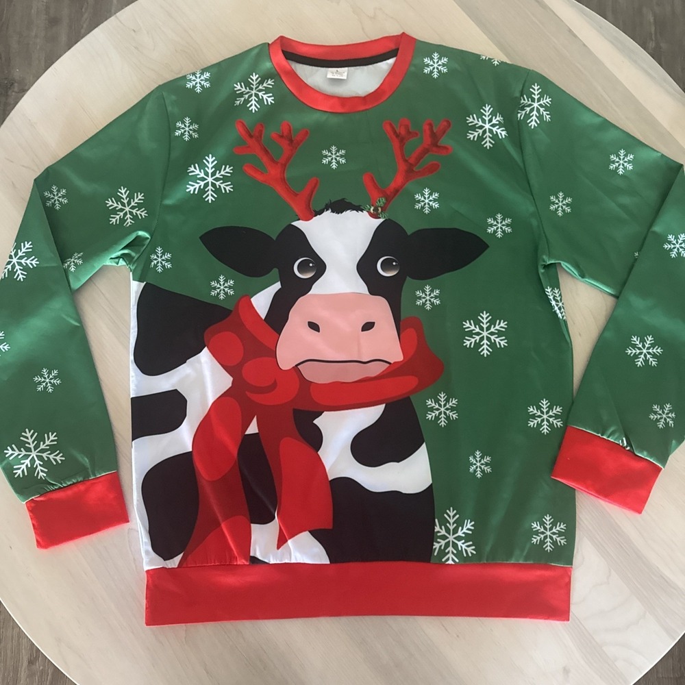 Dairy Cow Ugly / Cute Christmas Long Sleeve Crewneck Shirt Size Large NWOT